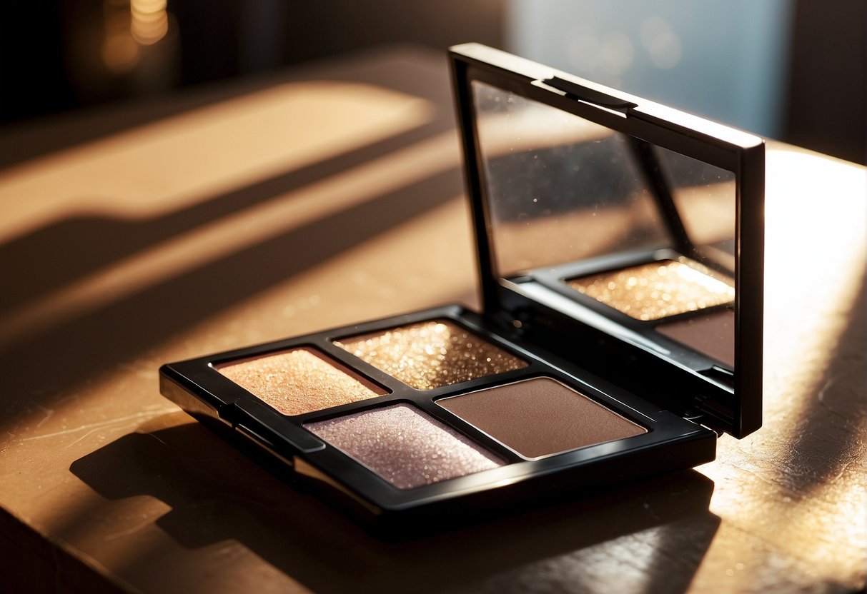 A makeup palette sits on a sunlit table, next to a tanning bed. Rays of sunlight illuminate the makeup, showcasing its potential impact on tanning methods