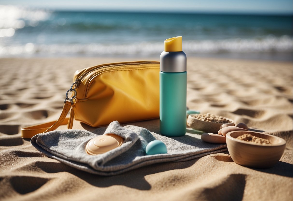 A sunny beach with a makeup bag and a bottle of sunscreen, indicating the question of tanning with makeup on