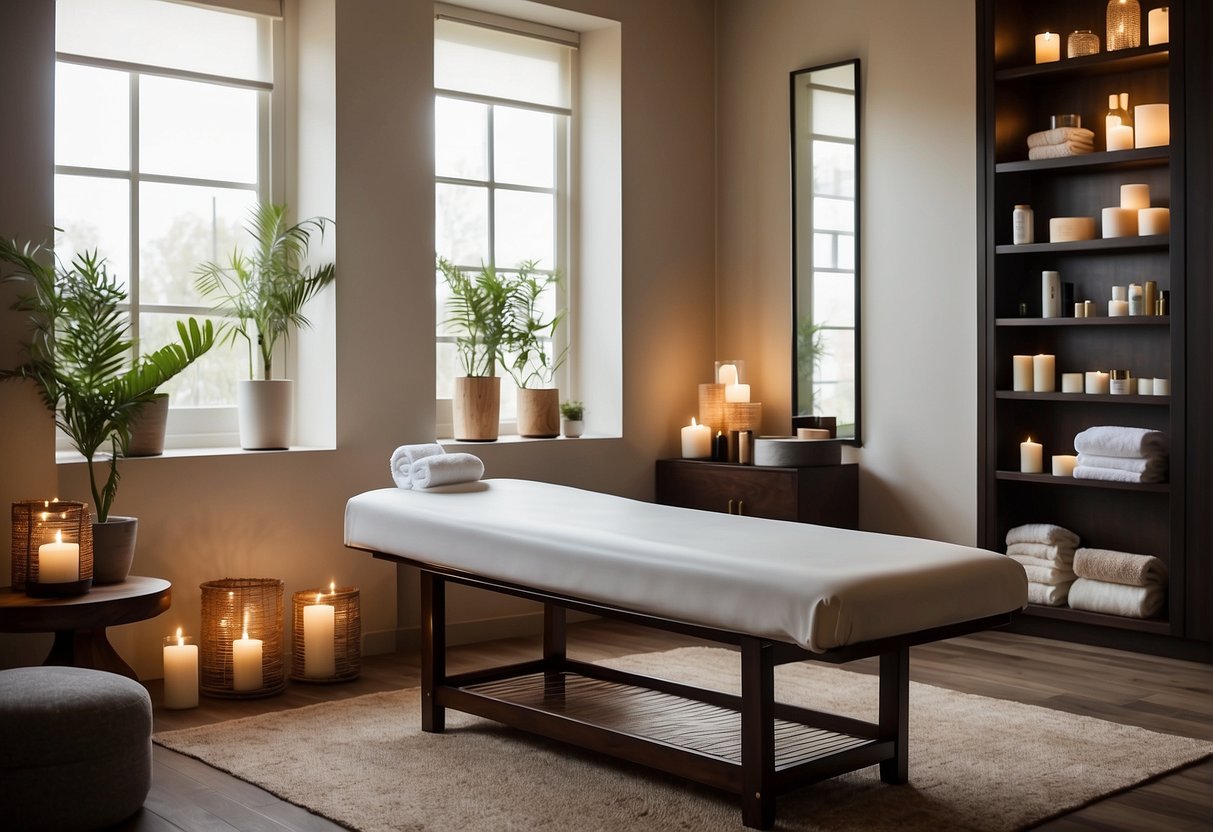 A serene spa room with a comfortable treatment bed, soft ambient lighting, and shelves stocked with skincare products