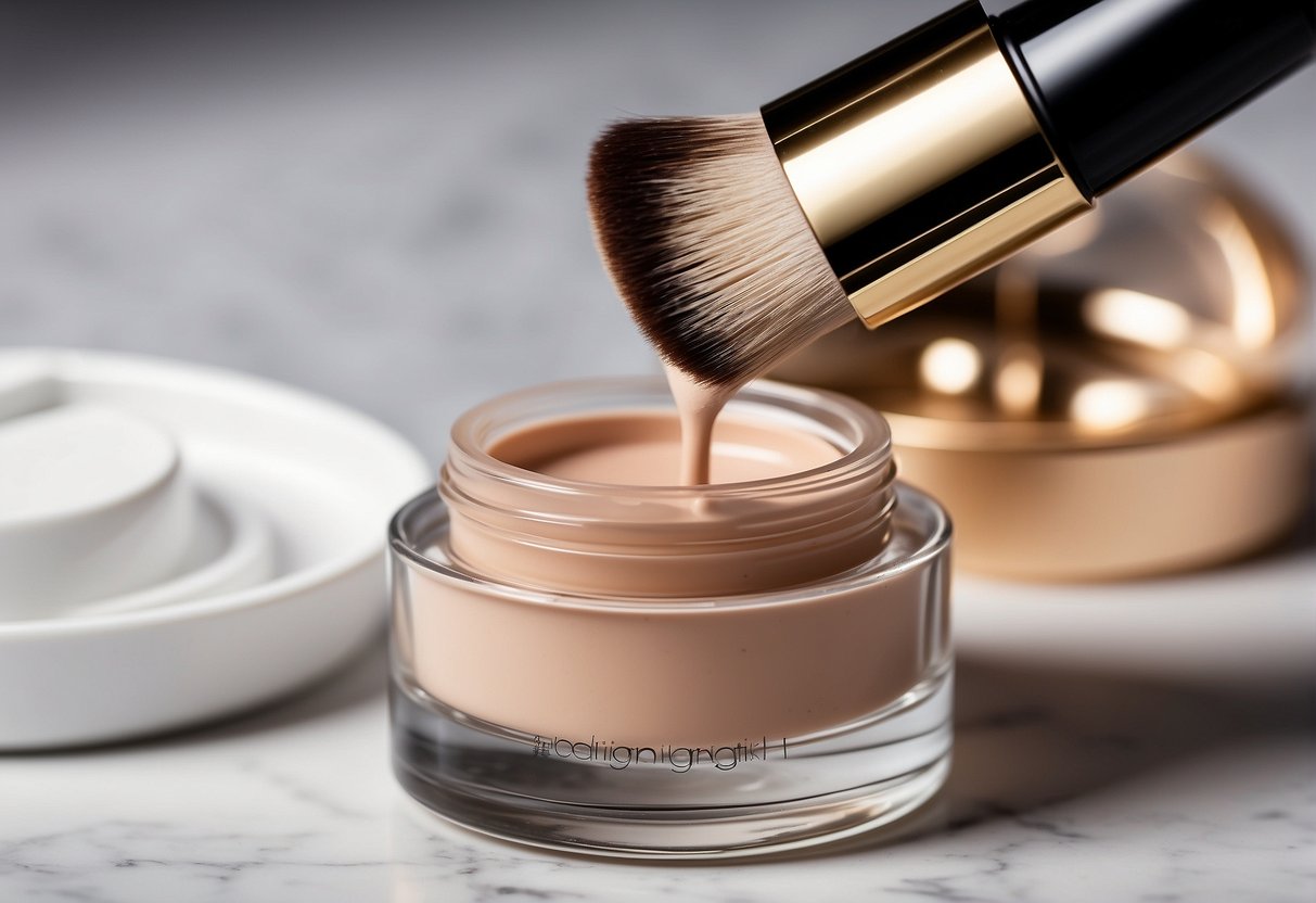 A hand holding a makeup primer, followed by a brush applying foundation, setting powder, and setting spray to ensure long-lasting makeup