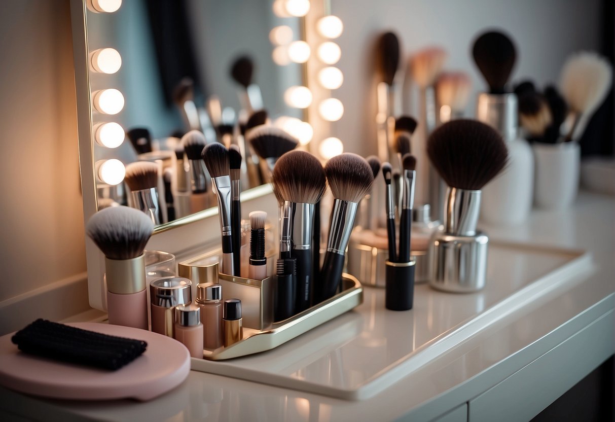 A clean, organized vanity with makeup brushes standing upright in a holder. A gentle, non-toxic brush cleaner and a soft towel nearby for regular maintenance