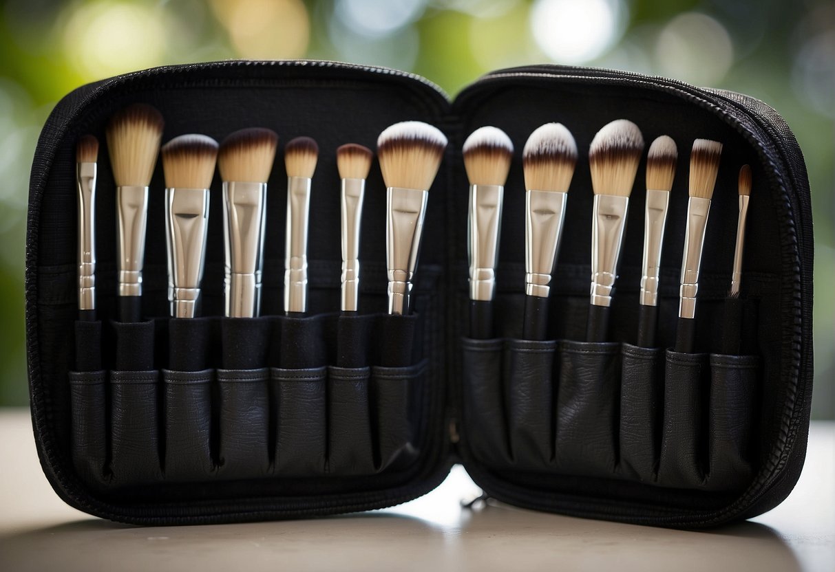 A compact, zippered brush holder with individual slots for various brush sizes, easily fitting into a travel bag