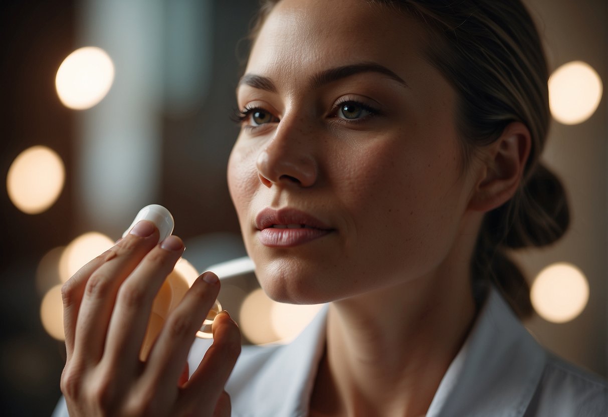 A woman carefully applies skincare products to her face after microneedling, avoiding makeup as per post-care instructions