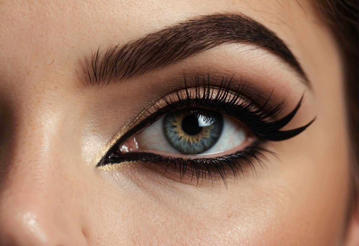 A pair of bold, arched eyebrows frame a set of dramatic, smoky eyes with long, curled lashes and a pop of shimmery eyeshadow