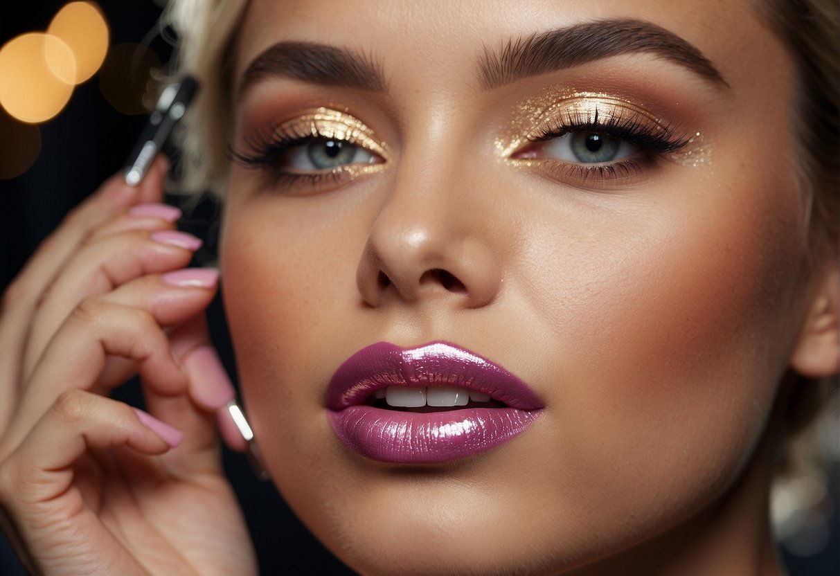 Vibrant lipstick being applied, with a focus on precision and detail. Sparkling eyeshadow and defined brows complete the look
