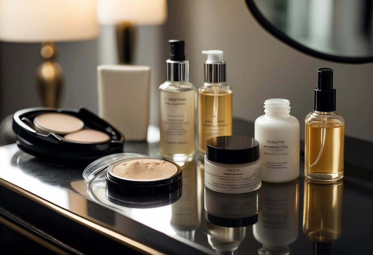 A table with skincare products and makeup, a bottle labeled "post-peel serum," a pamphlet on "wearing makeup after a chemical peel," and a mirror