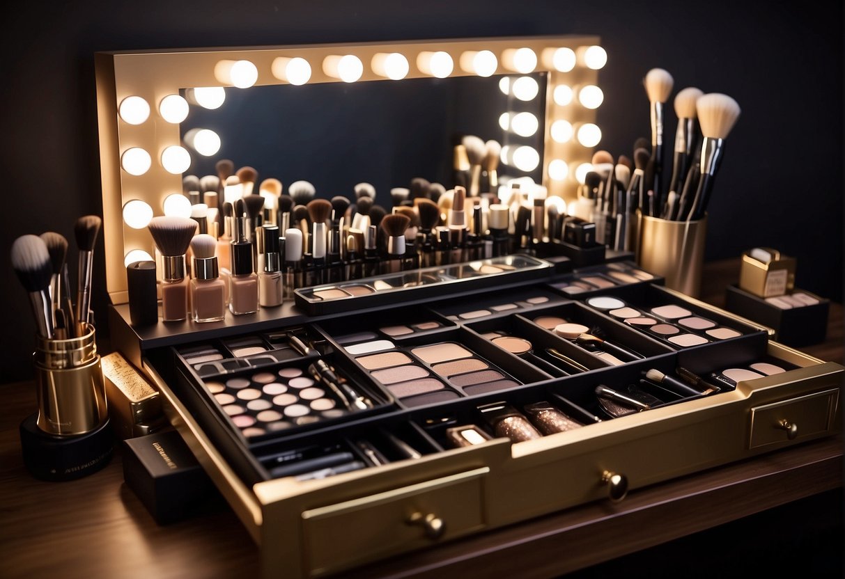 Various makeup products neatly organized in labeled drawers, with brushes and tools stored in separate compartments. A mirror and good lighting complete the setup