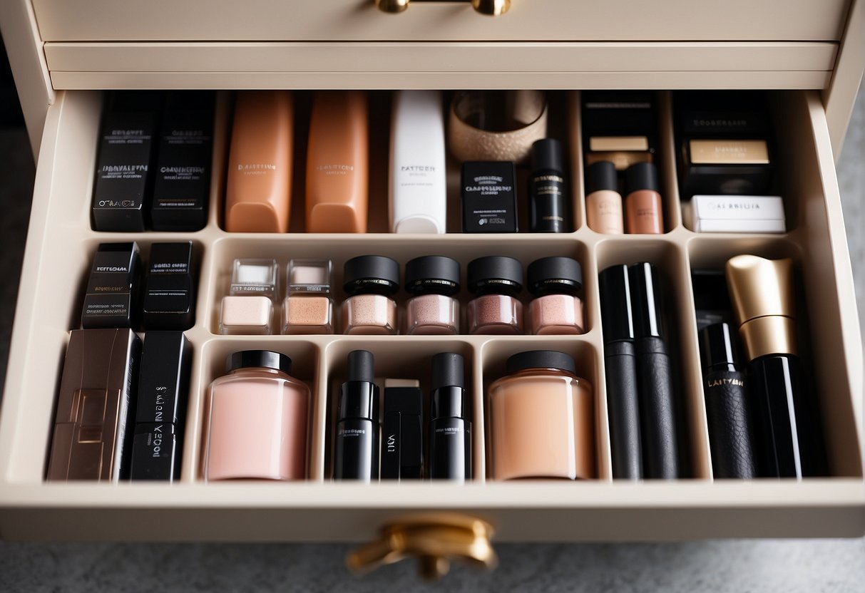 A clean, organized makeup drawer with neatly arranged compartments and labeled containers for easy access and storage