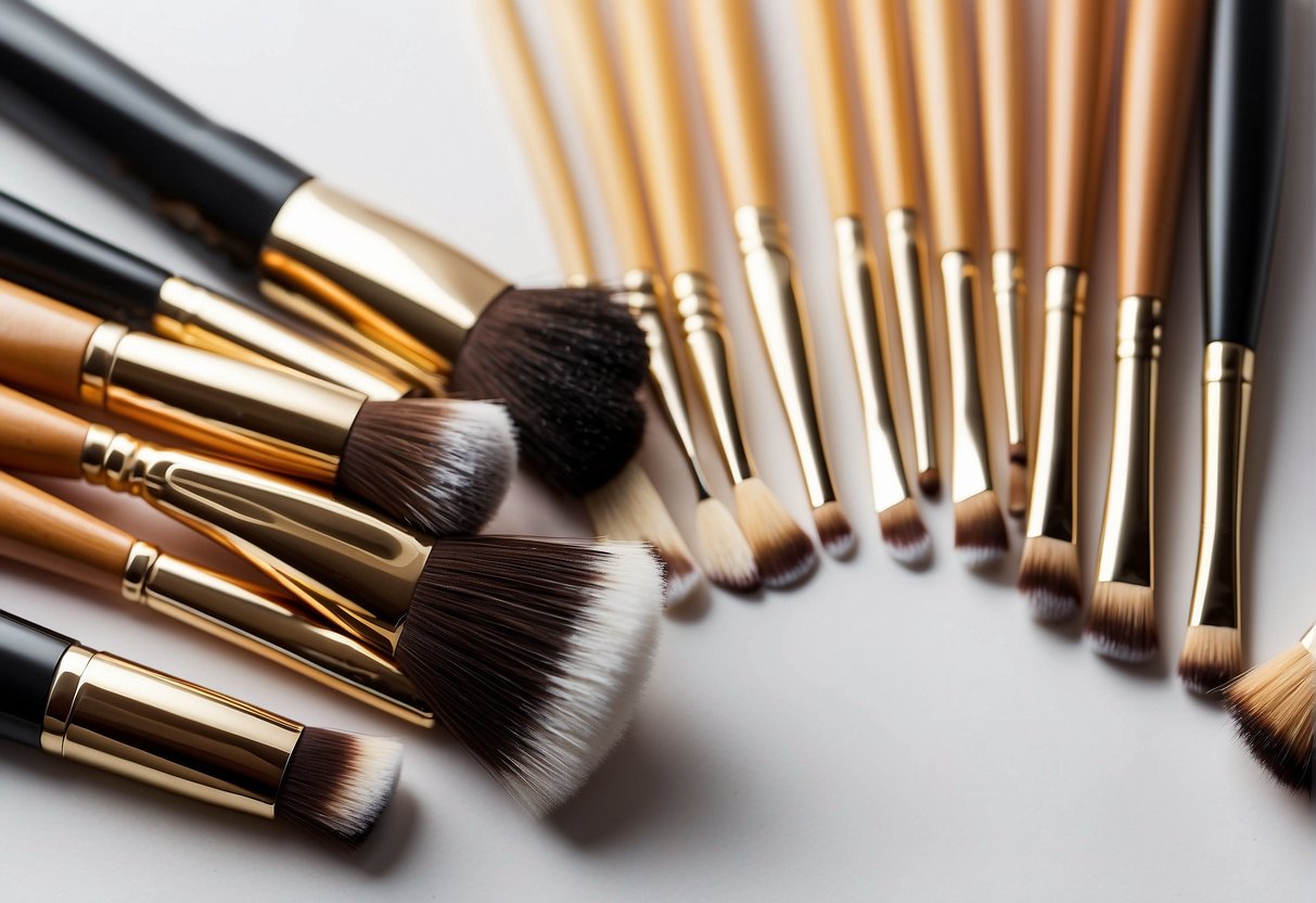A set of makeup brushes lay on a clean, white surface. The brushes are made of sleek, polished wood and have soft, synthetic bristles in various shapes and sizes