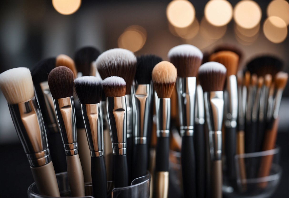 A variety of makeup brushes made of synthetic and natural materials lay on a clean, organized surface, ready for use