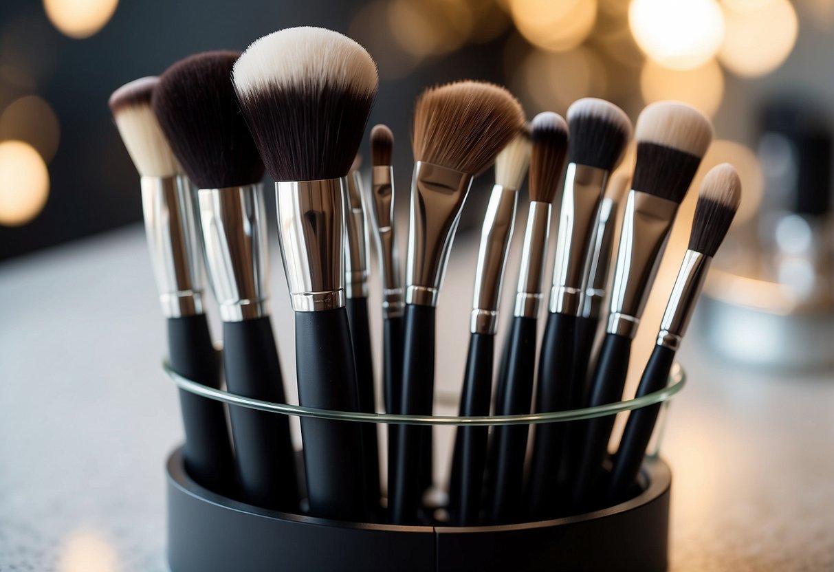 Makeup brushes made of various materials, such as synthetic or natural fibers, are displayed on a clean, organized counter with soft lighting
