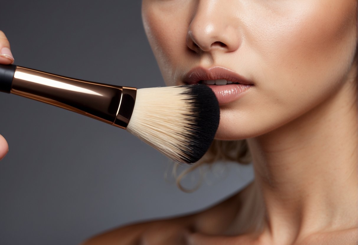 A hand holding a makeup brush applies concealer and foundation to a smooth, clean canvas, demonstrating the difference in coverage and texture