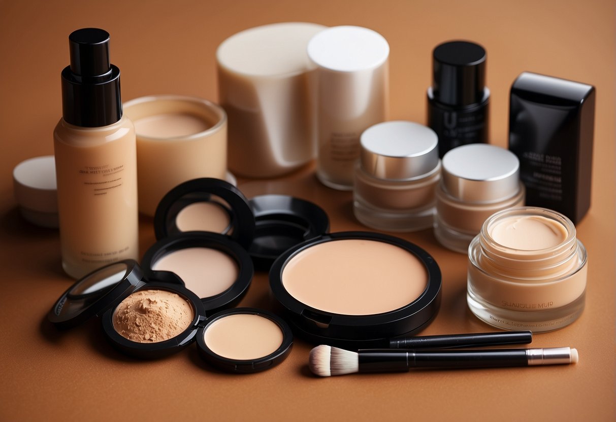 A table with various makeup products: concealer and foundation in different shades and textures, accompanied by a chart or infographic highlighting the key differences between the two