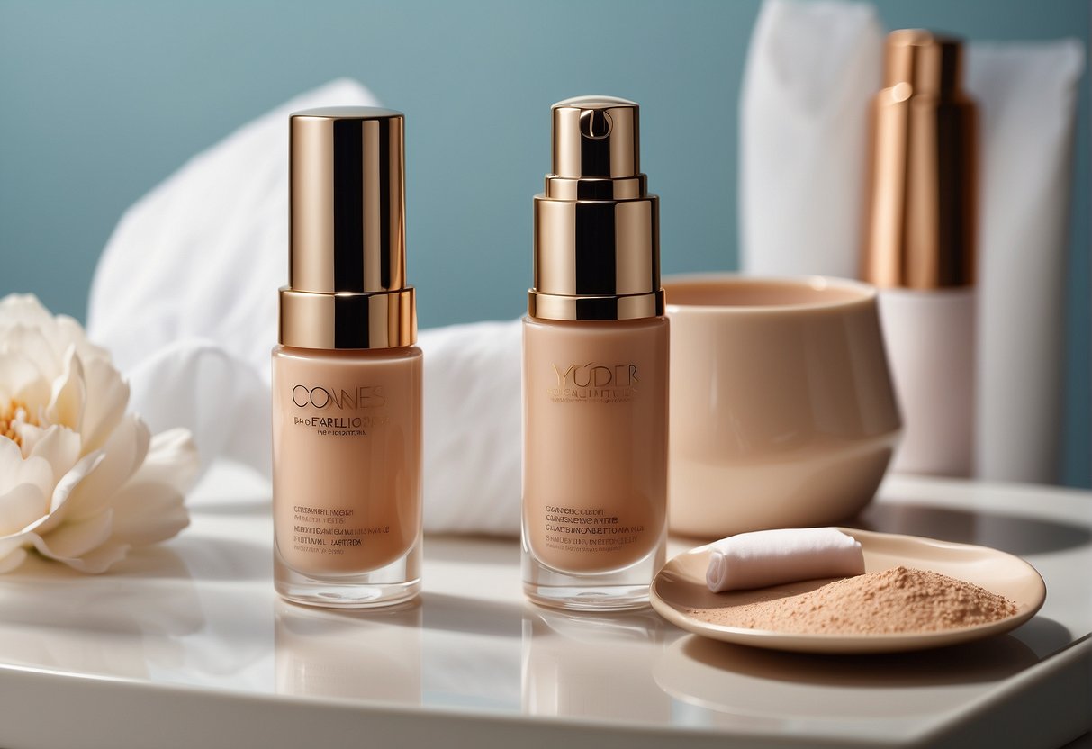 A tube of concealer and a bottle of foundation sit side by side on a clean, well-lit vanity table. The labels are clearly visible, and the products are arranged neatly
