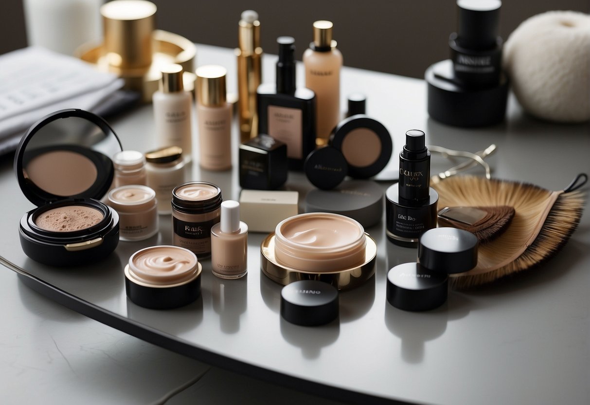 A clean, moisturized face with dark spots. Makeup tools and products laid out neatly on a table. A step-by-step guide visible nearby
