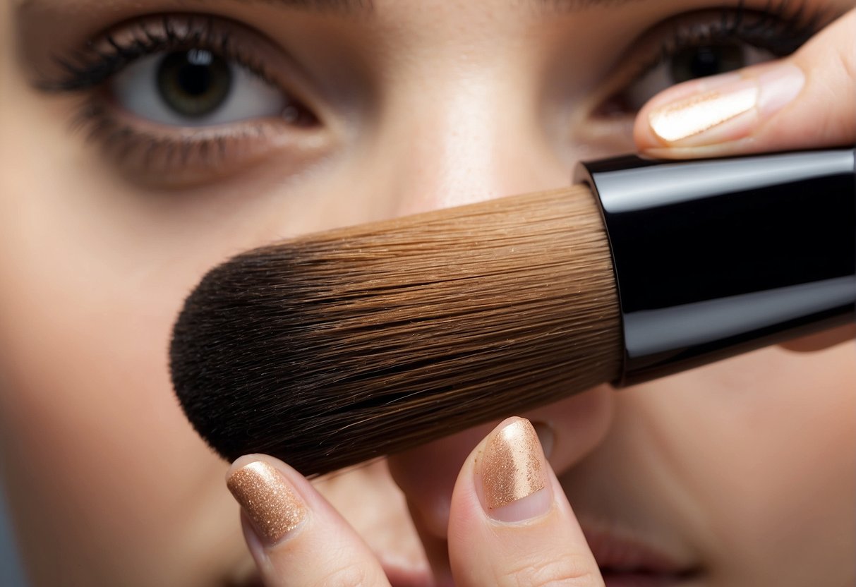 A hand holding a makeup brush applies concealer over dark spots on a skin-toned surface