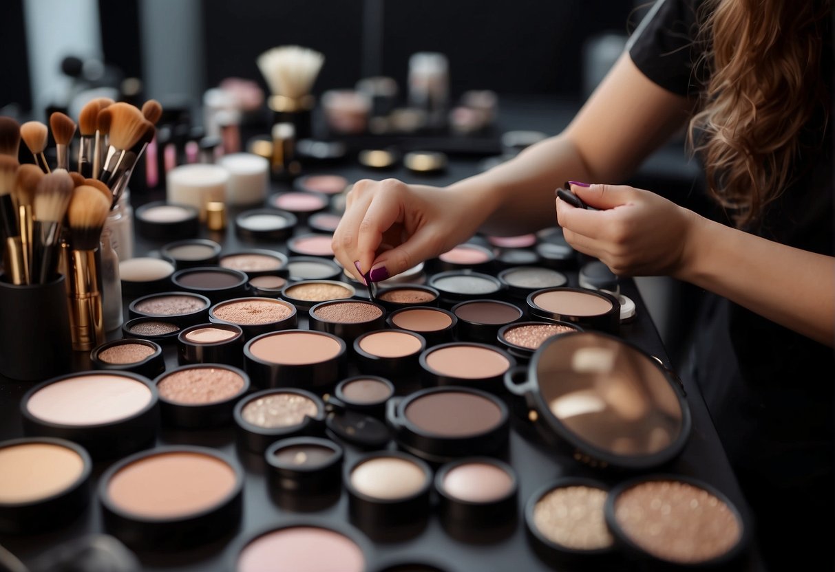 A makeup artist applies final touches to a douyin look, focusing on precise details and intricate designs. Brushes and palettes lay scattered on the table