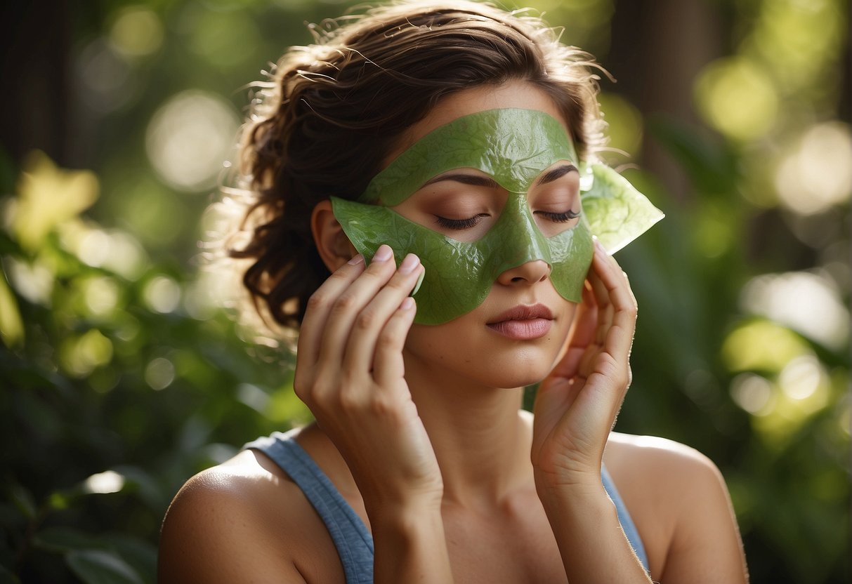 A serene setting with soothing greenery and natural light, a person practicing relaxation techniques or applying a cooling compress to their face