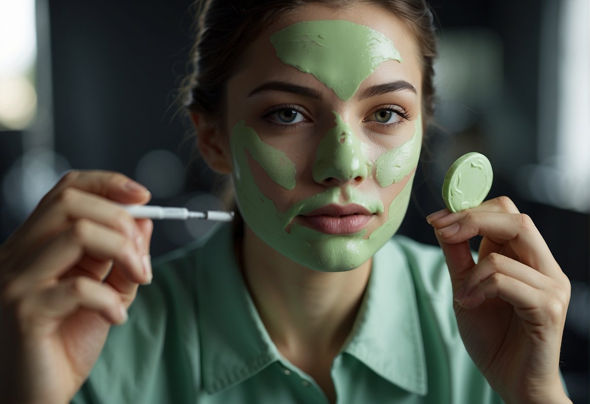 A person with a flushed face applying a green-tinted color corrector to reduce redness