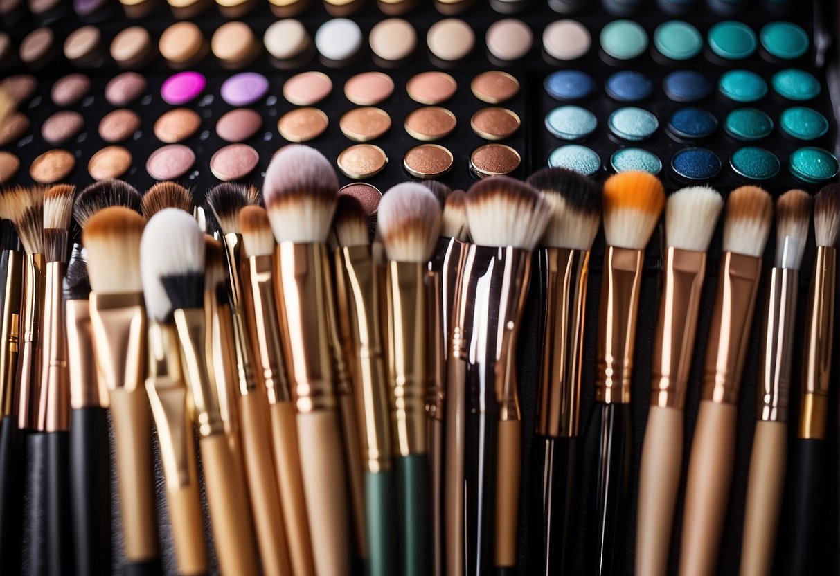 A hand reaches for a set of makeup brushes on a clean, organized display. The brushes are neatly arranged, with soft bristles and sturdy handles