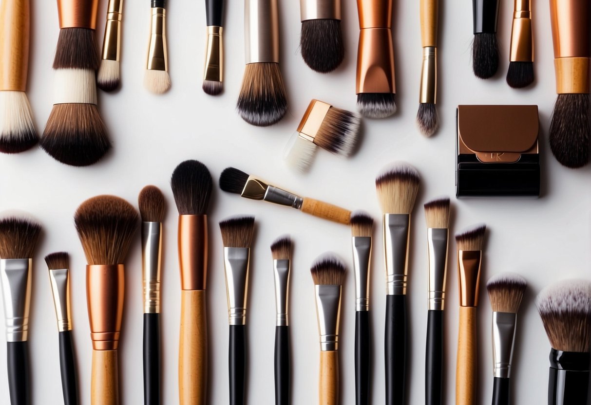 Makeup brushes in various sizes and shapes arranged neatly on a clean, white surface with a soft, natural light illuminating the scene