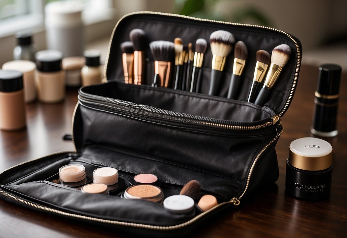 Makeup bag open on clean surface, items organized by category. Wipes, brushes, and sprays nearby for maintenance. Bag zippers and compartments visible for easy access