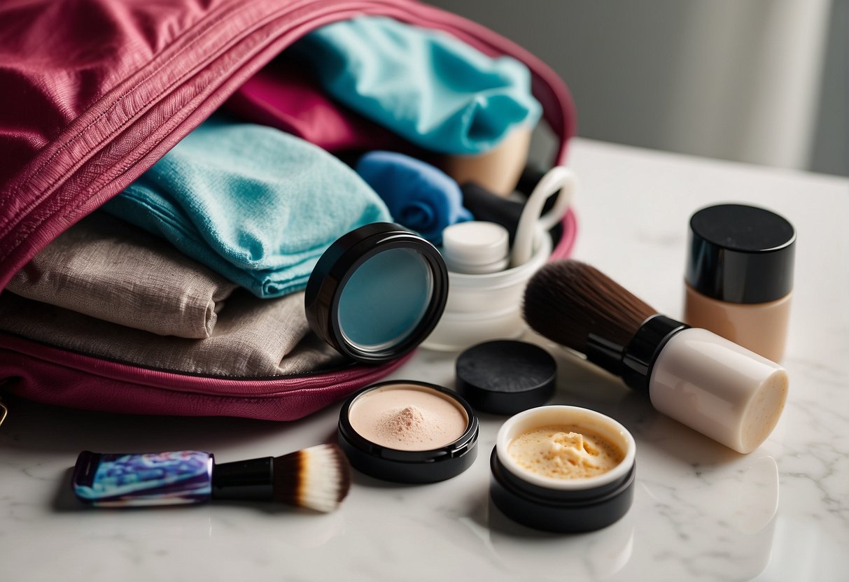 A makeup bag open on a clean surface, with various cleaning supplies next to it. A cloth, brush, and mild soap are visible
