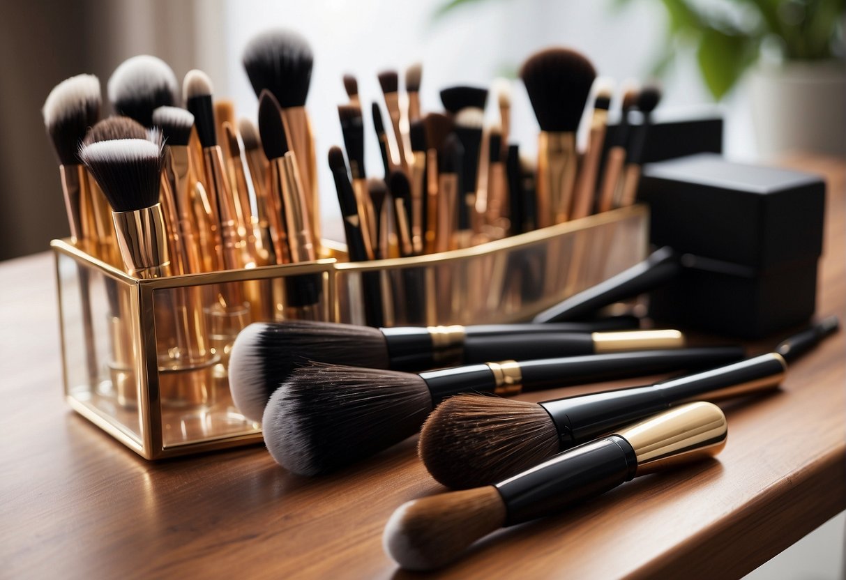 A table with various makeup brushes, each labeled for specific use