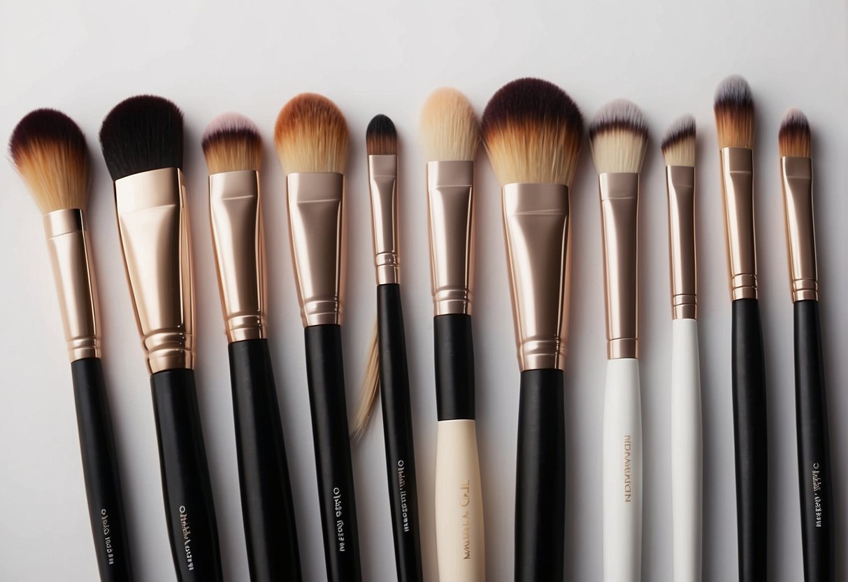 Makeup brushes arranged on a clean, well-lit table, each labeled for specific use: foundation, blush, eyeshadow, eyeliner, and powder