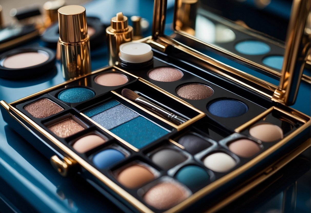 A table with various makeup products - eyeshadow palette, eyeliner, mascara, brushes, and a mirror. Shades of blue and neutral tones are prominently displayed