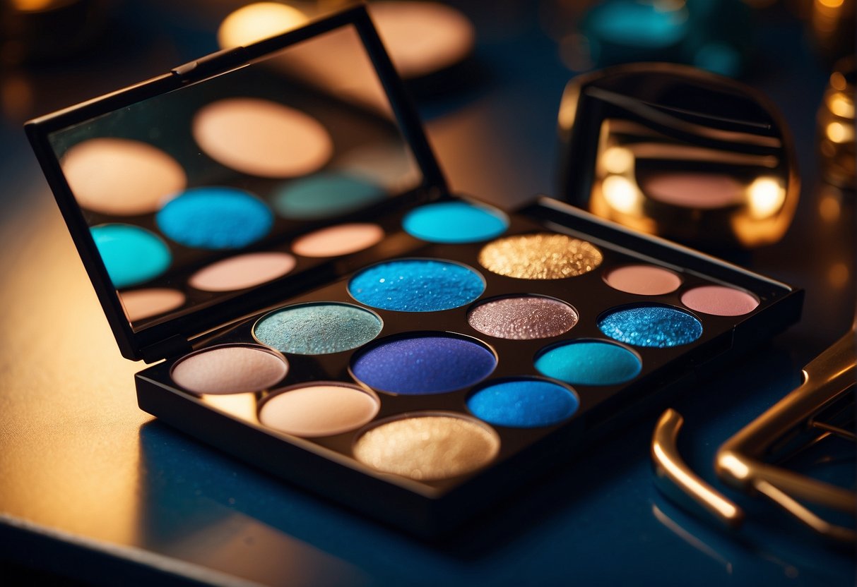 Blue eyeshadow palette and shimmering highlighter on a makeup table. Mirror reflects the vibrant colors