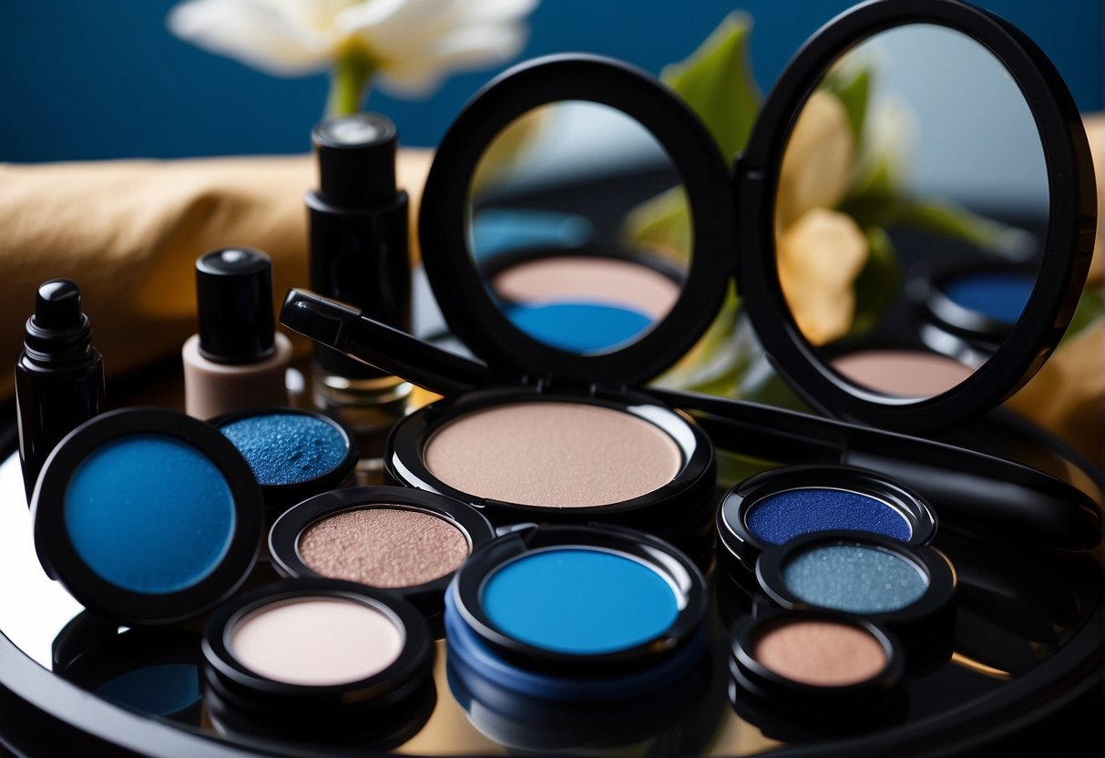Blue eye shadow palette, mascara, and eyeliner arranged on a makeup table. Mirror reflects blue-eyed model's face