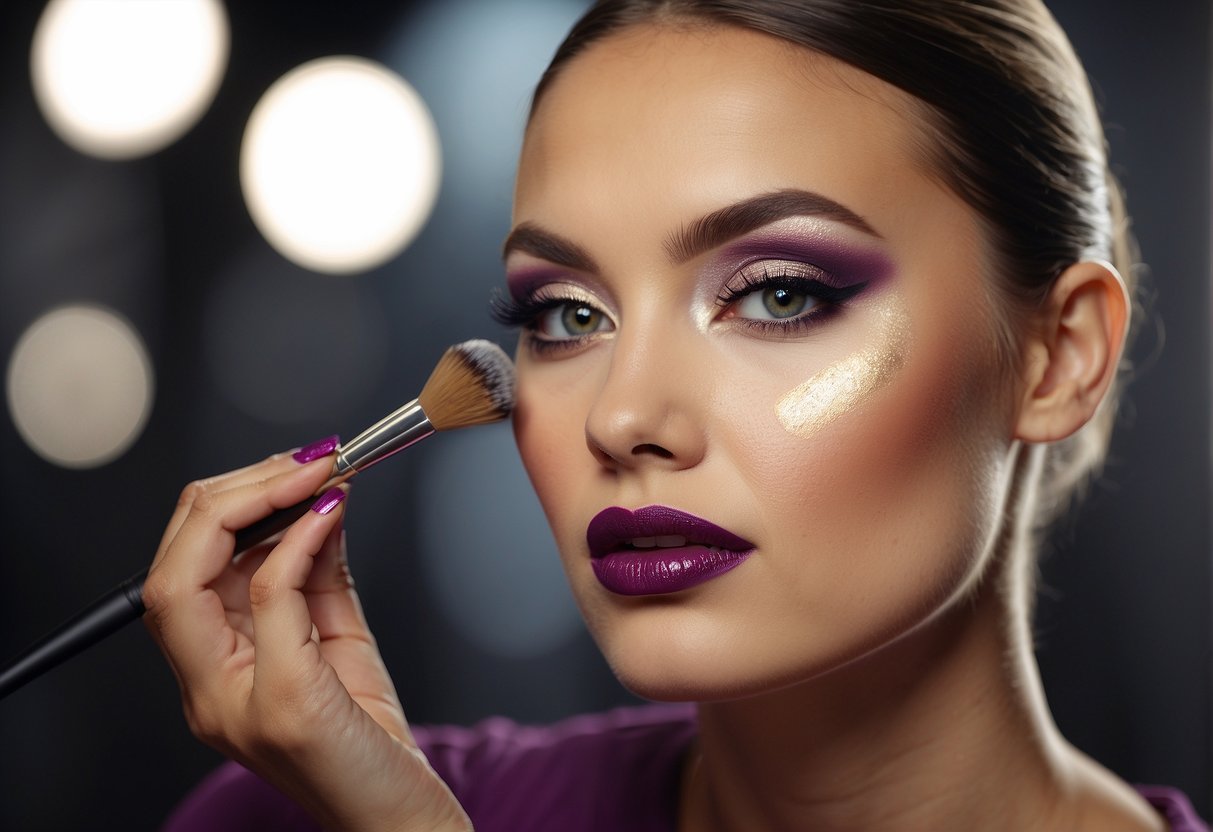 A makeup artist applies foundation with a brush, blends eyeshadow with a blending brush, and uses a small brush to apply lipstick