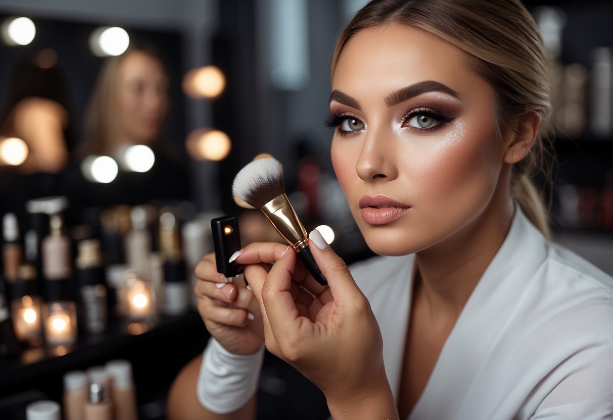 A makeup artist carefully applies cosmetics to create a flawless photo shoot look