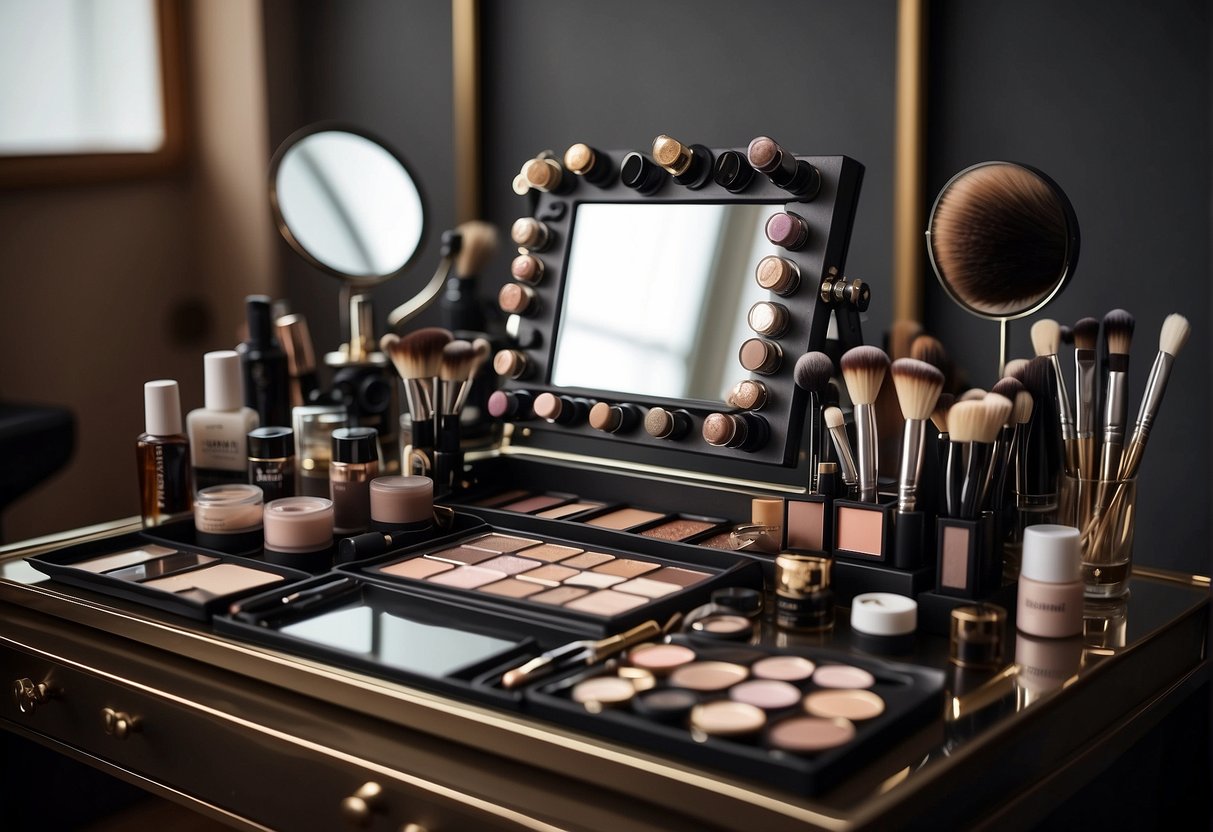 A makeup artist's table with various products and tools, a mirror, and a camera set up for a photo shoot