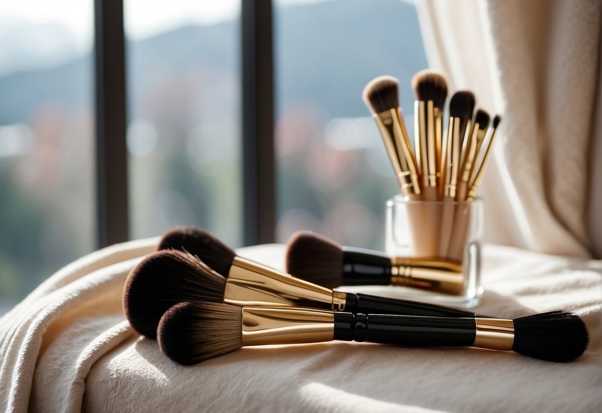 Makeup brushes laid out on a clean towel, air drying near an open window