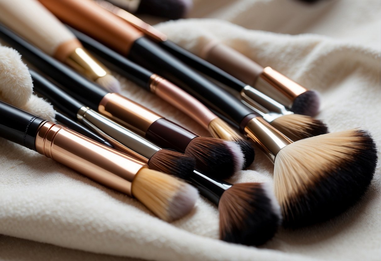 Makeup brushes laid out on a clean towel, with a fan blowing air over them for quick drying