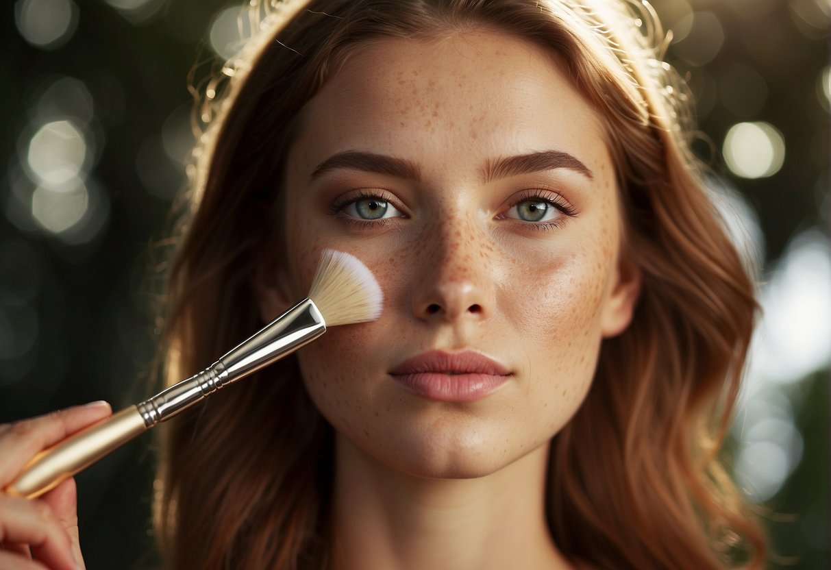 Sunlight illuminates a face with freckles. A hand holds makeup brushes and products. Focus on enhancing natural beauty