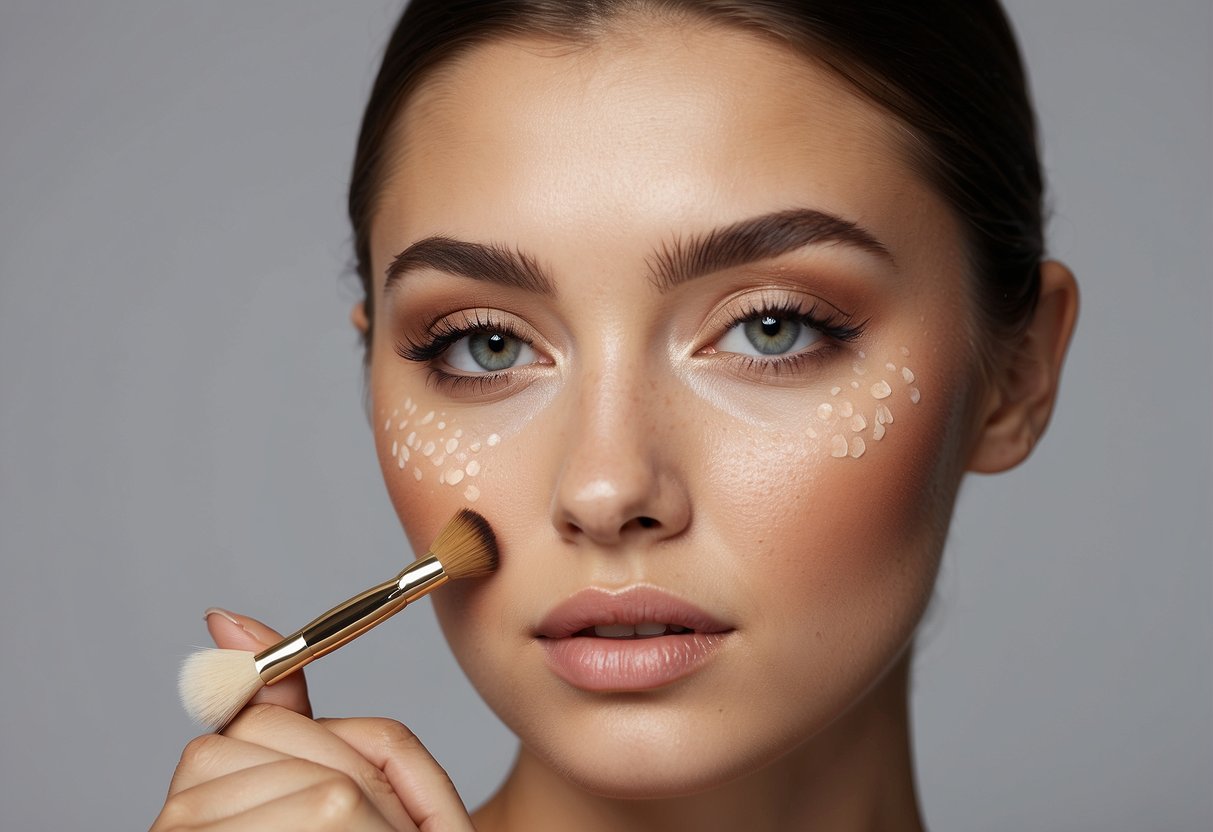 A makeup brush applies foundation over freckles, blending seamlessly for a flawless finish. Blush and highlighter add a natural, radiant glow