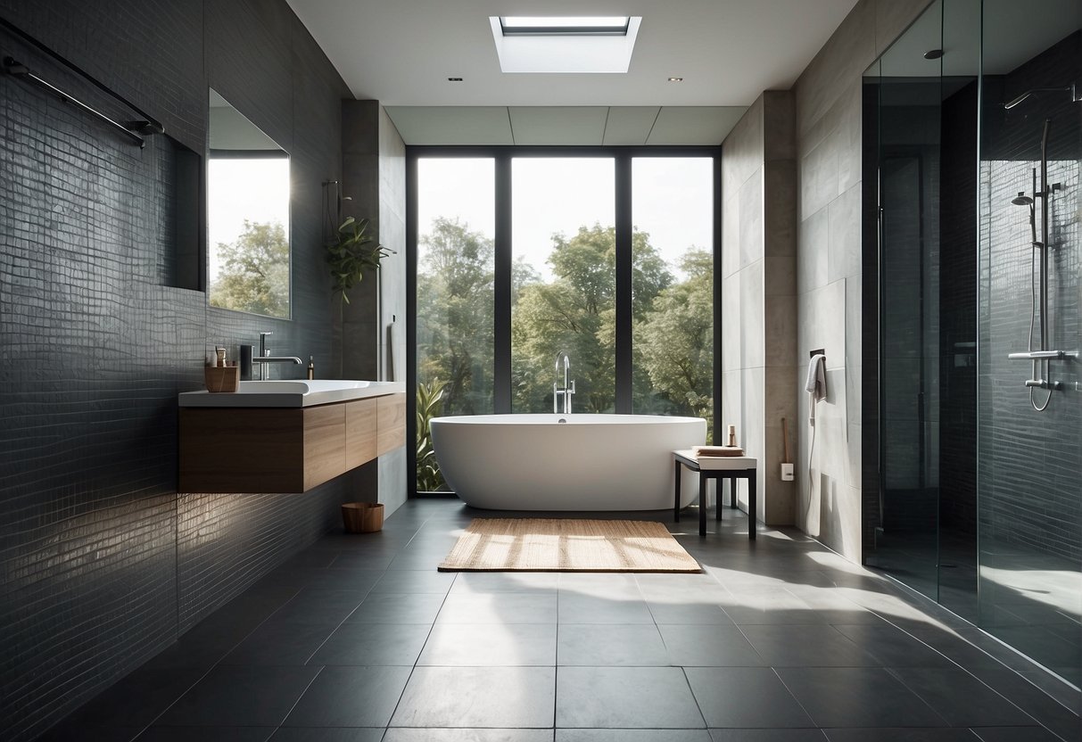 A modern, spacious wet room with sleek, tiled walls and a large, luxurious shower head. The room is flooded with natural light, creating a bright and inviting atmosphere