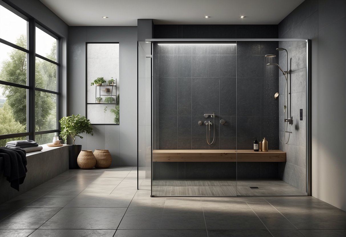 A spacious wet room with a sleek, modern design. A large open shower area with a linear drain and a seamless, waterproof floor. Wall-mounted fixtures and a minimalist aesthetic