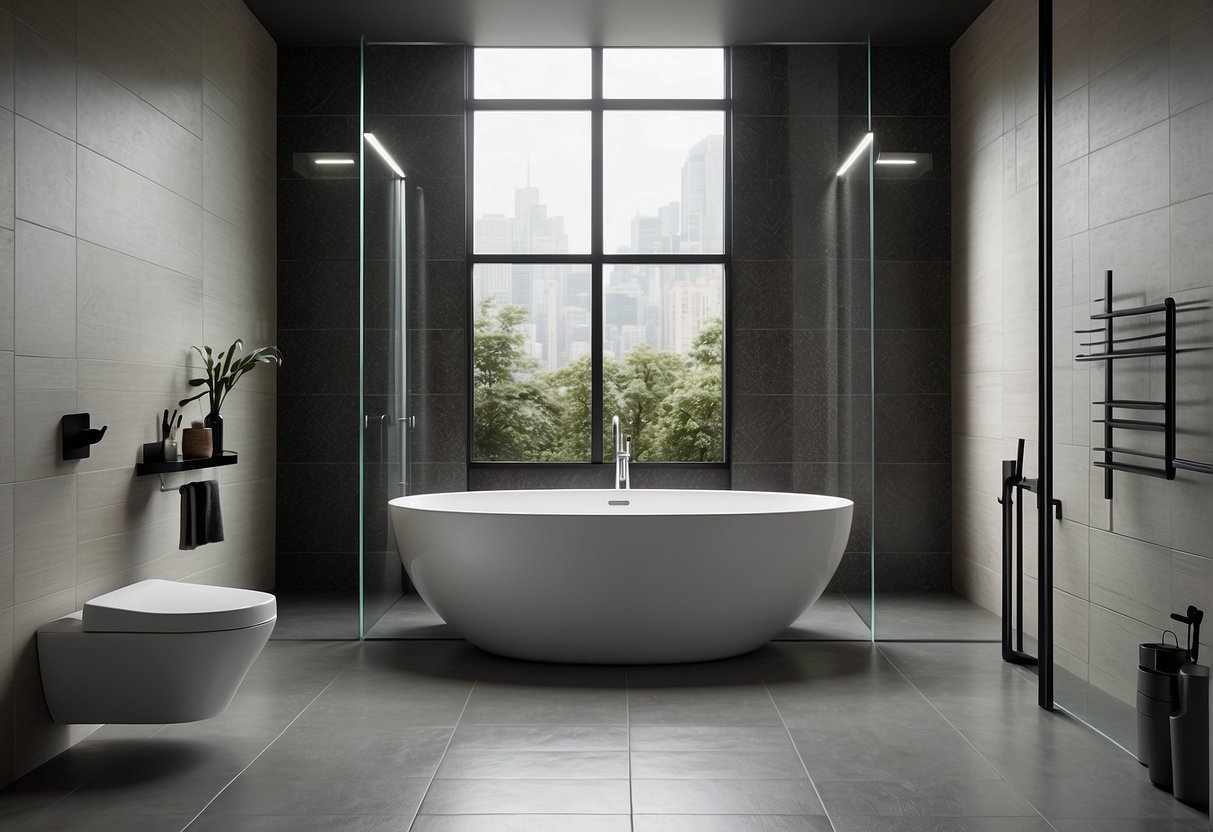 A spacious wet room with sleek, minimalist design. Large tiles, glass partitions, and a linear drain create a modern, open feel