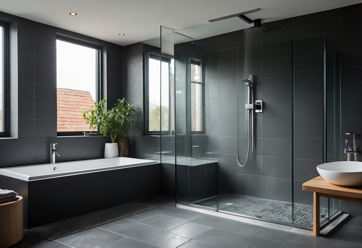 A spacious, modern wet room with sleek, floor-to-ceiling tiles, a large rainfall shower head, and a minimalistic glass partition