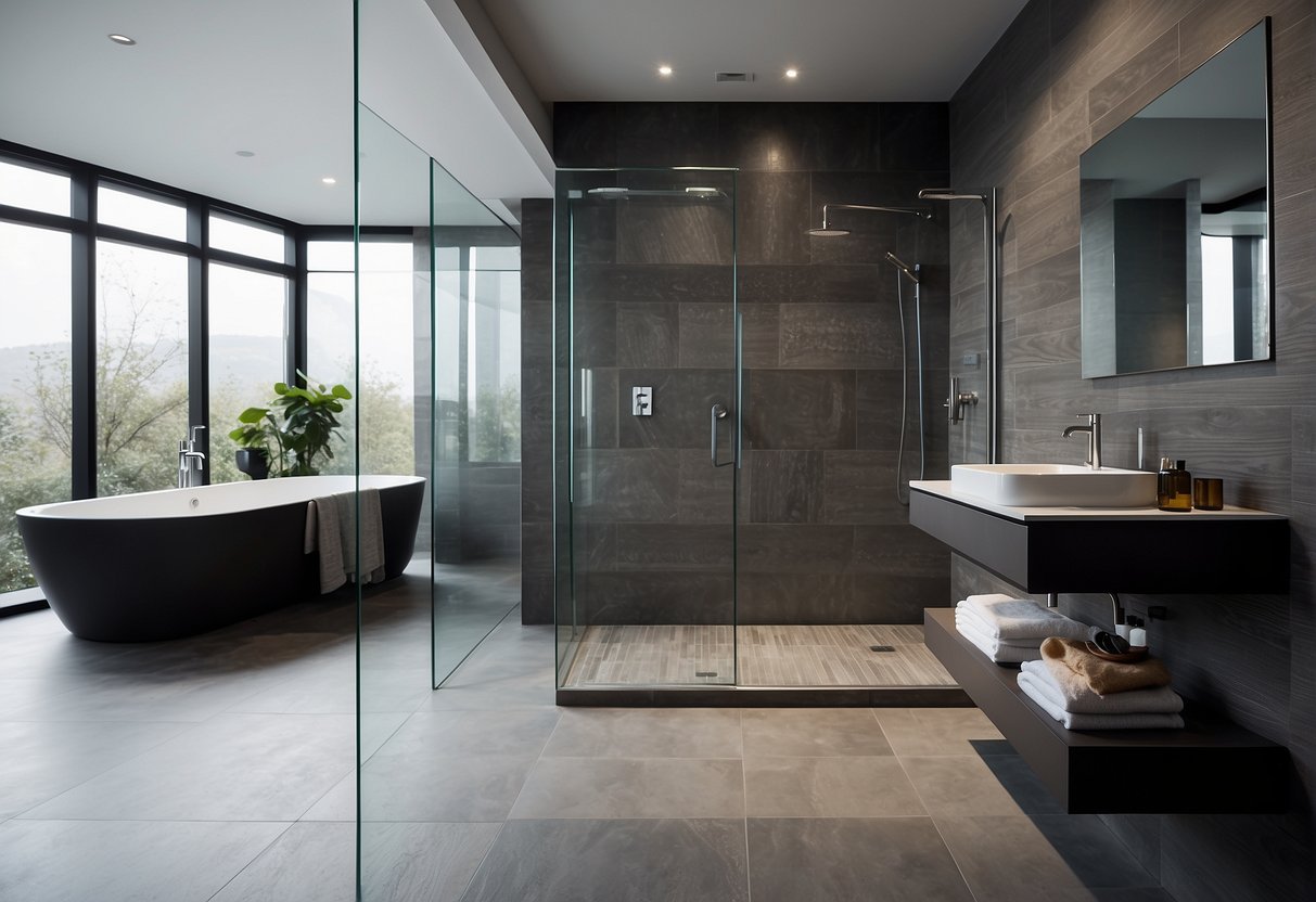 A spacious wet room with modern fixtures and a sleek, minimalist design. The room features a large, open shower area with a glass enclosure, a stylish vanity, and contemporary tiling throughout