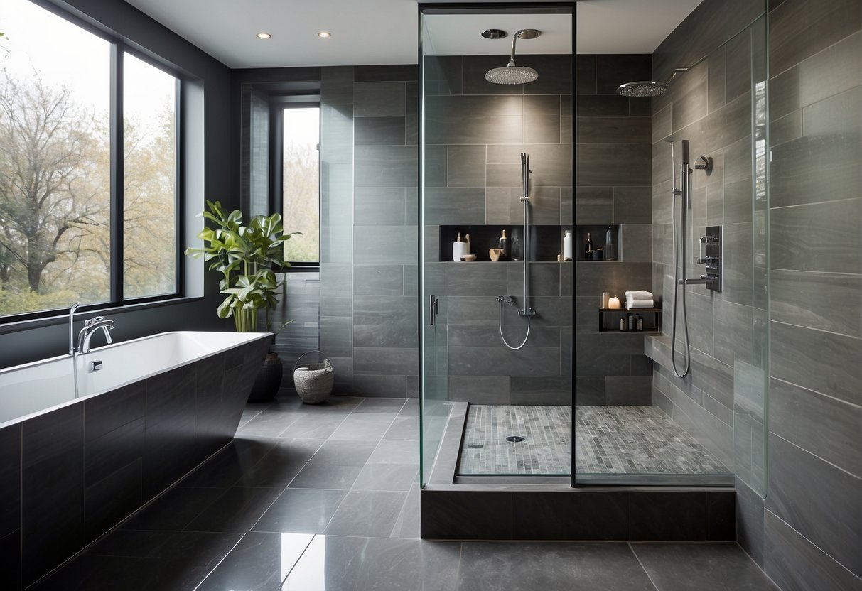 A modern, sleek wet room with floor-to-ceiling marble tiles and a glass-enclosed shower. The fixtures are minimalist and chrome, with a large rain shower head