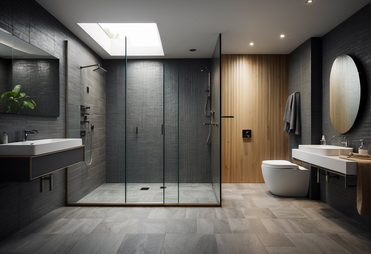 A wet room with modern fixtures and waterproof materials. Drainage system and non-slip flooring. Glass partition and accessible shower controls