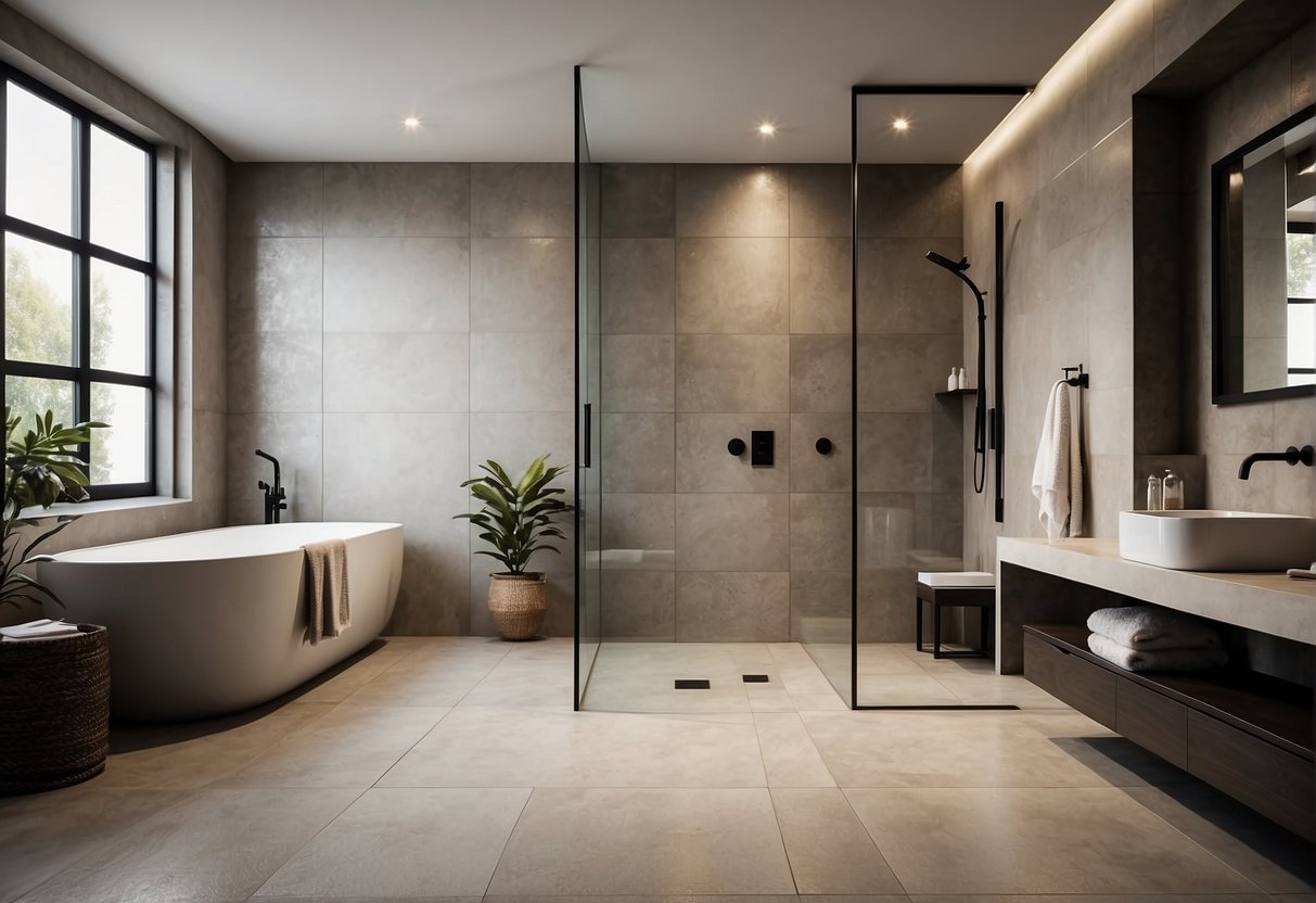 A spacious wet room with sleek, modern fixtures and a large, luxurious shower area. The room features neutral tones, clean lines, and a seamless, minimalist design