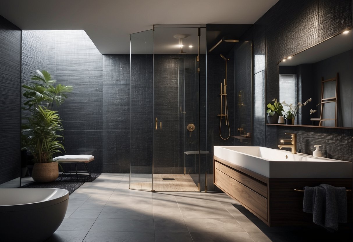 A sleek, modern wet room with innovative fixtures and luxurious enhancements, featuring a spacious shower area and stylish tile design