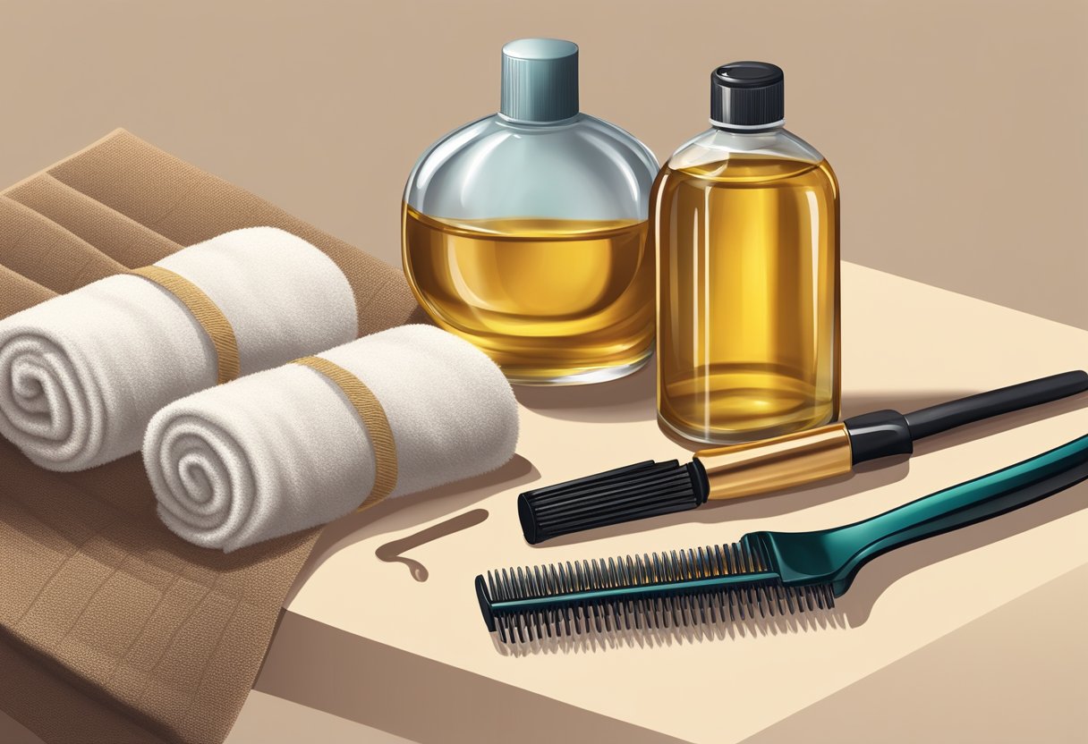 Hair oiling scene: A bottle of hair oil next to a comb and a towel, with a strand of hair being gently coated with the oil