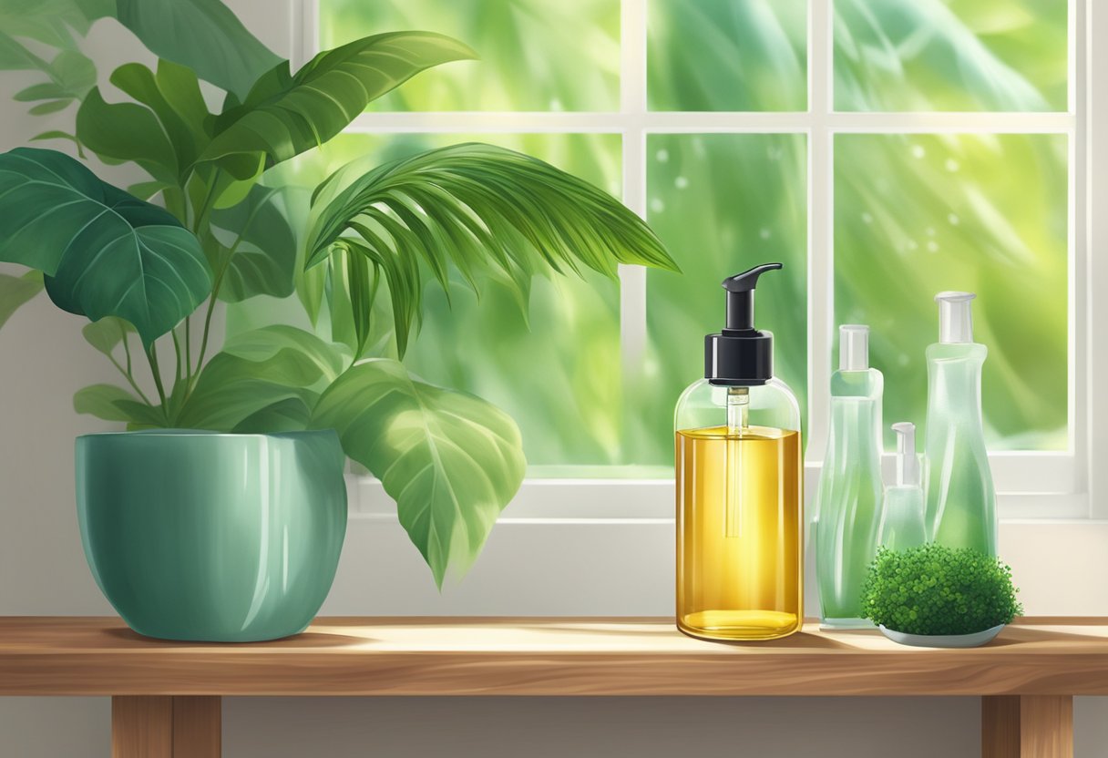 A bottle of hair oil sits on a natural wooden shelf, surrounded by lush green plants and natural light streaming in from a window